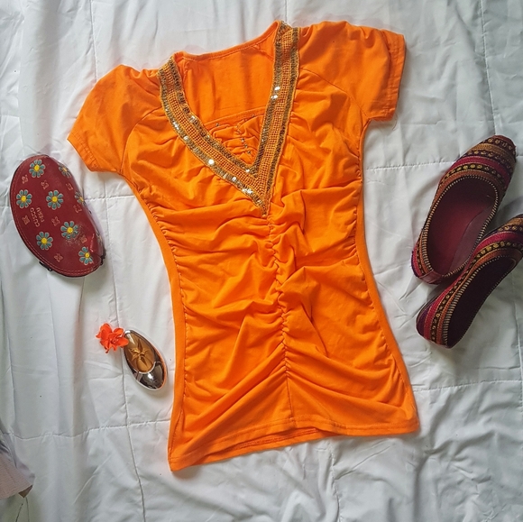 Tops - Ruched, Orange, V-Neck, Short-Sleeved Top